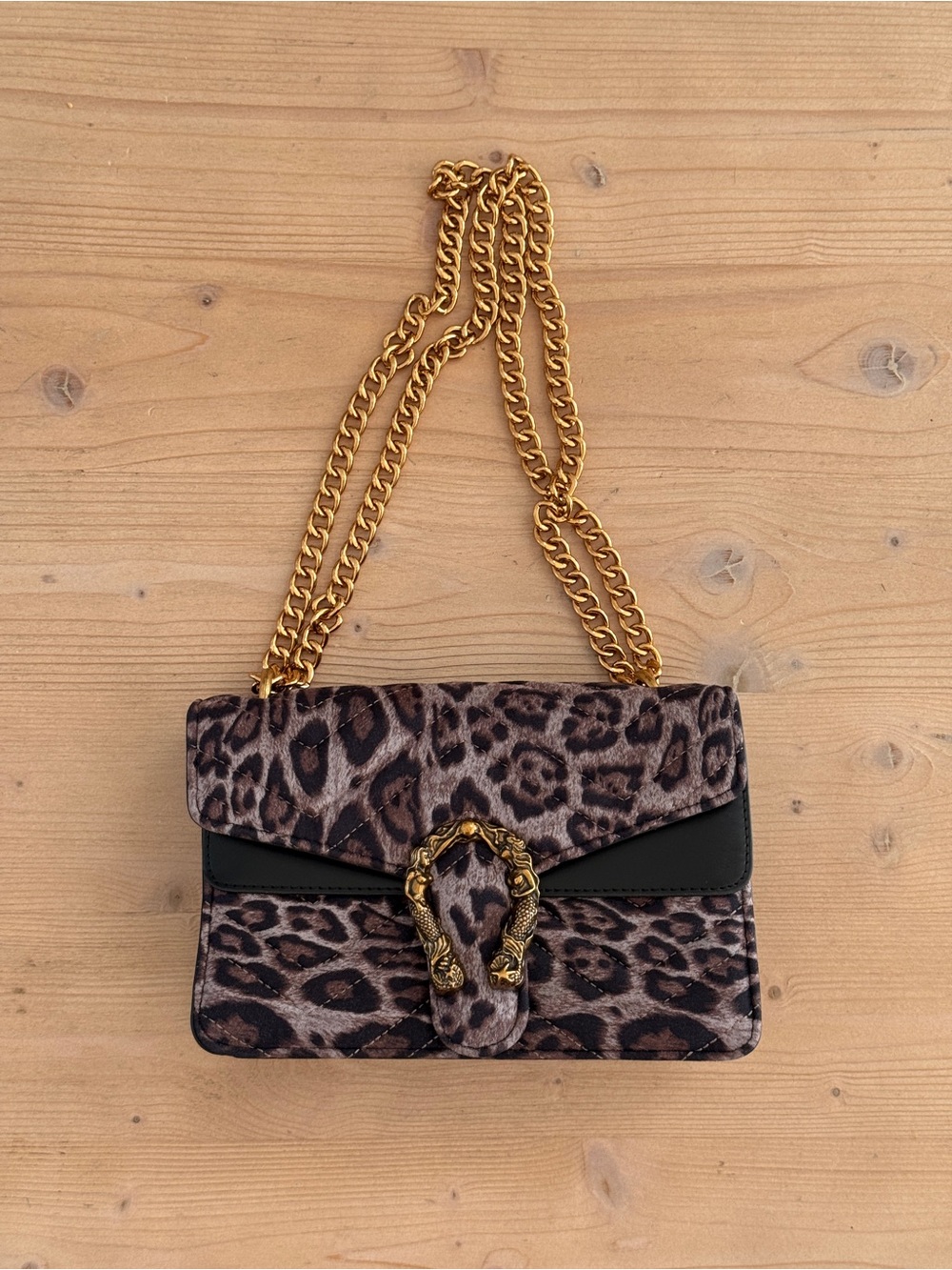 Leopard Print Chain Shoulder Bag - Gold Hardware